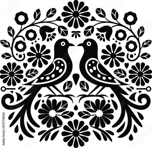 Folk Art Birds and Flowers Vector Silhouette Illustration