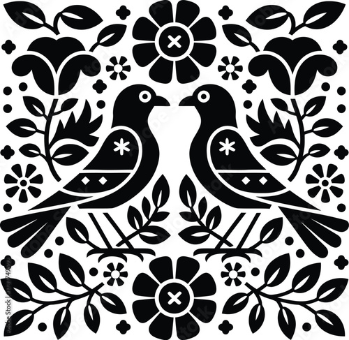 Folk Art Birds and Flowers Vector Silhouette Illustration