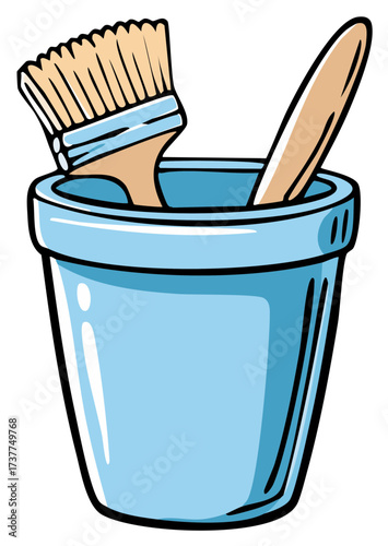 Cartoon illustration of paint brushes in a blue pot for art and craft projects