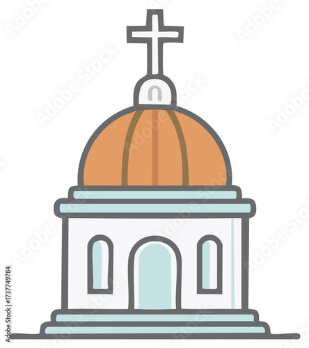 Simple line art illustration of a Christian church with a dome and cross