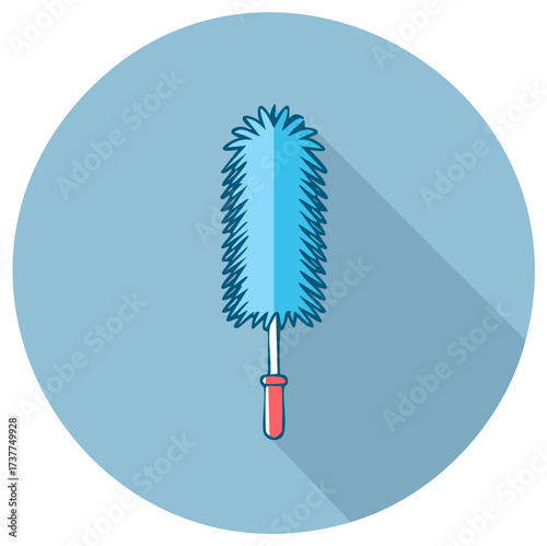 Fluffy Duster Cartoon Icon on Blue Circle with Long Shadow Featuring Cleaning and Household Chores in a Vector Illustration Style