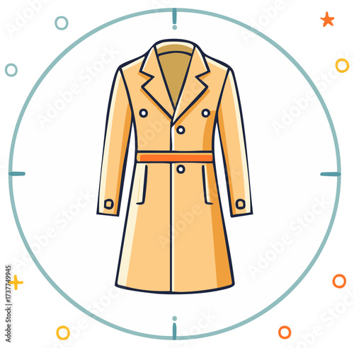 Flat illustration of a classic double-breasted beige trench coat with an orange belt