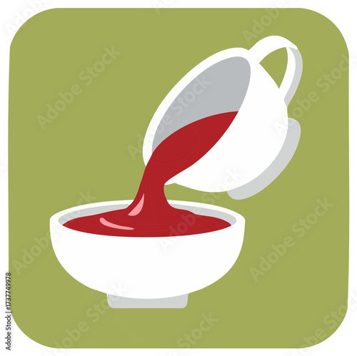 Red soup or sauce being poured from a pitcher into a bowl flat vector illustration