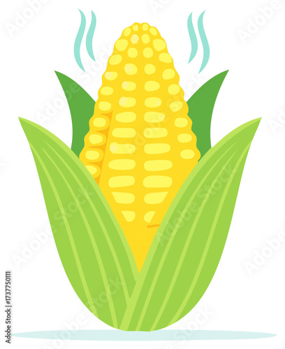 Freshly cooked hot steaming corn on the cob with green leaves vector illustration