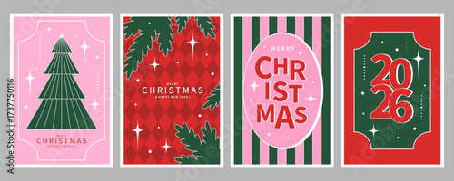 Set of Merry Christmas cards. Xmas holiday vintage design in geometric minimalist. Design banner for winter holidays. Vector illustrations