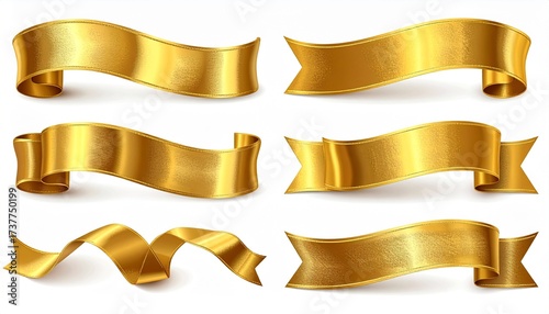 Set of Golden Satin Ribbons Isolated on White Background