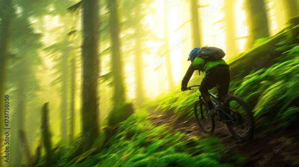 Naklejka premium Mountain biker navigating a lush green forest trail during golden hour, surrounded by vibrant foliage