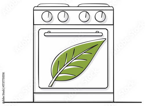 Oven with Leaf Inside Cartoon Illustration Clean Cooking Concept Simple Line Art Style Kitchen Appliance Minimal Design Eco-Friendly Lifestyle