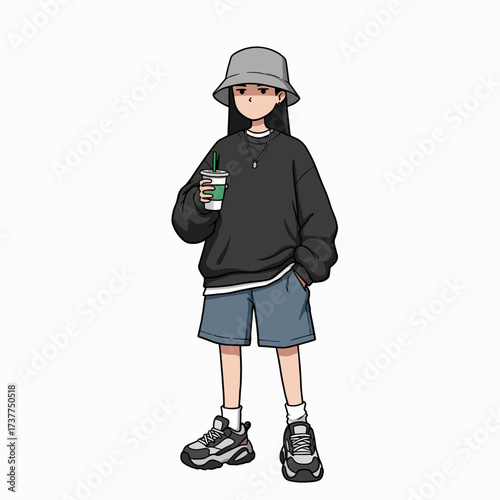 Cool Urban Girl in Streetwear Holding Coffee Cup Illustration
