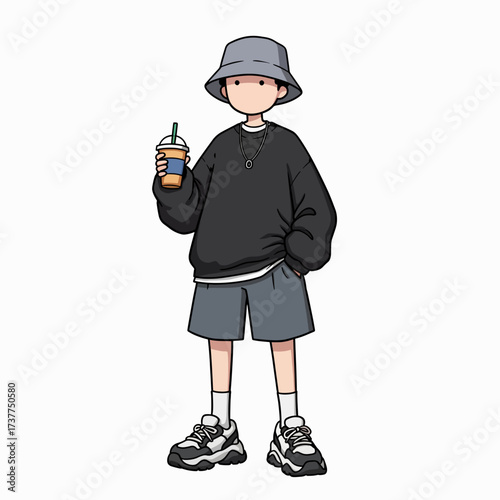 Trendy Cartoon Person in Streetwear Holding Coffee Cup Vector Illustration