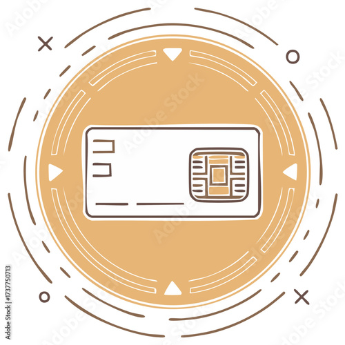 Hand drawn illustration of a SIM card with a microchip and abstract circular design