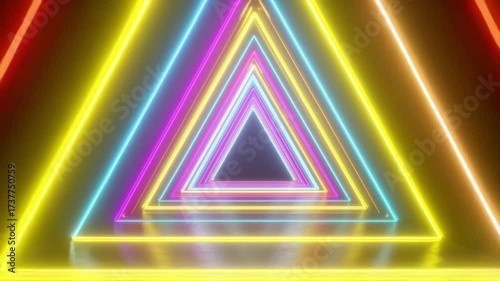 Futuristic tunnel with colorful neon lights creating endless looping perspective.