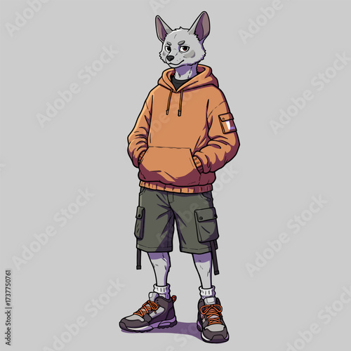 Stylish Anthropomorphic Wolf Character in Trendy Casual Streetwear Illustration