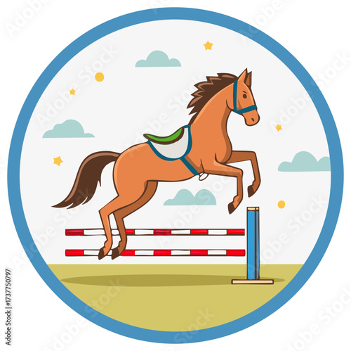 Animated Chestnut Horse Leaping Over Obstacles in Circle Graphic Illustration with Clouds and Stars for Children's Design