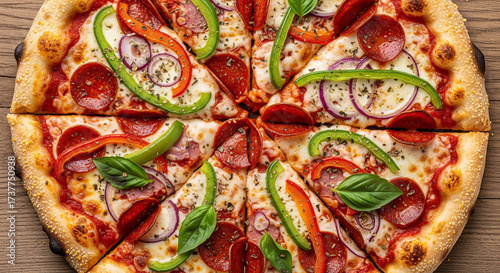 Delicious Pepperoni and Vegetable Pizza Sliced and Ready to Eat
An attractive overhead shot of a whole pizza that has been sliced into portions, featuring a generous topping of spicy pepperoni
