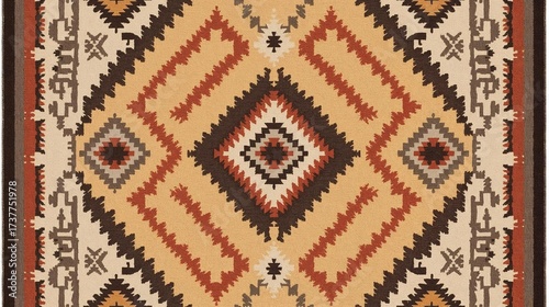 A traditional geometric tribal pattern displays warm earthy tones and intricate cultural textile-inspired designs.