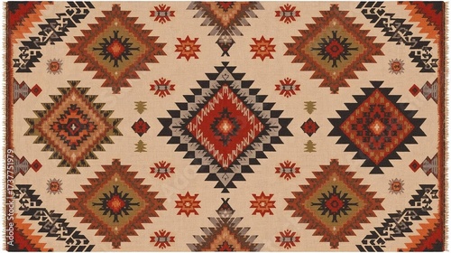 A traditional geometric tribal pattern displays warm earthy tones and intricate cultural textile-inspired designs.