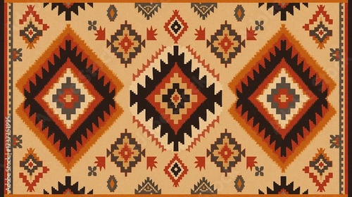 A traditional geometric tribal pattern displays warm earthy tones and intricate cultural textile-inspired designs.