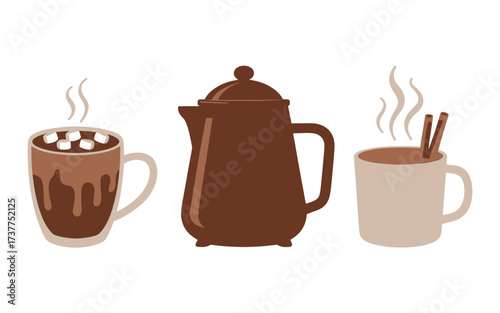 Set of cozy hot chocolate and coffee illustrations with a pot, marshmallows, and cinnamon sticks.
