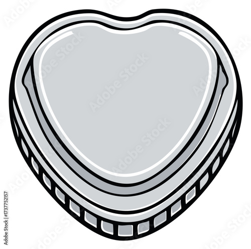 Heart shaped metallic button or badge with a decorative textured rim design