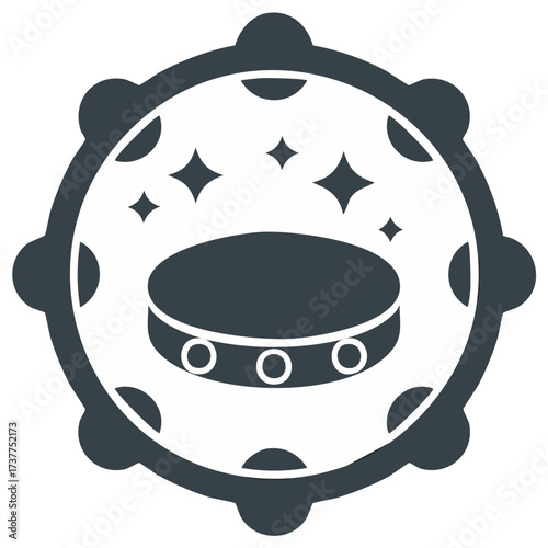Circular Tambourine Icon with Sparkles and Jingle Bells