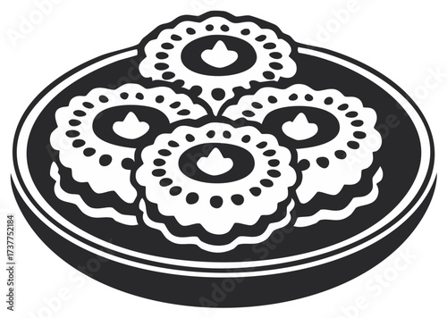 Four ornate shortbread cookies, placed on a black and white plate in vector art