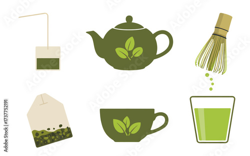 A set of vector illustrations depicting various items for preparing and drinking green tea and matcha, isolated on a white background.