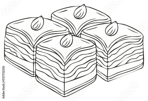 Simple black and white line art illustration of sweet baklava dessert with nuts for a coloring book