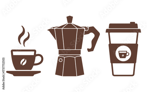 A set of three brown coffee icons: a steaming cup, a moka pot, and a paper to-go cup on a white background.