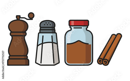 A set of common kitchen seasonings including a pepper mill, salt shaker, spice jar, and cinnamon sticks.