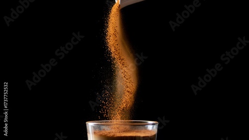 Brown powder pouring into glass container on black