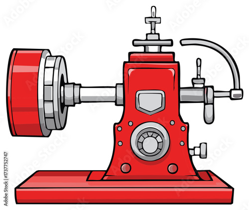 Cartoon illustration of a red and gray machine tool, mechanical device, engineering equipment