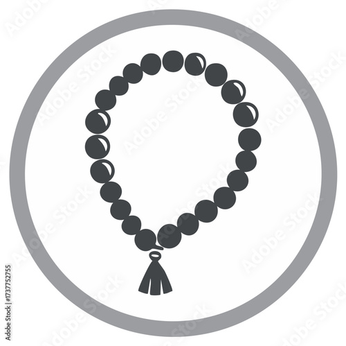 Simple icon of a prayer mala or rosary beads with a tassel inside a gray circle