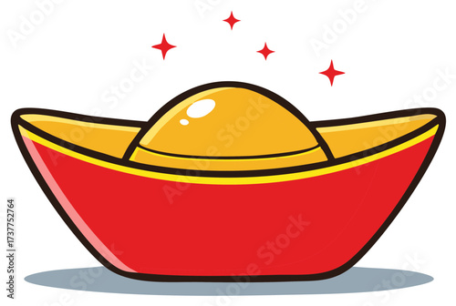 Cartoon illustration of gold ingot and star sparks, traditional Chinese symbol for wealth and prosperity.