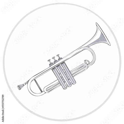 Stylized silver trumpet musical instrument illustration classic brass instrument for jazz orchestra music symbol