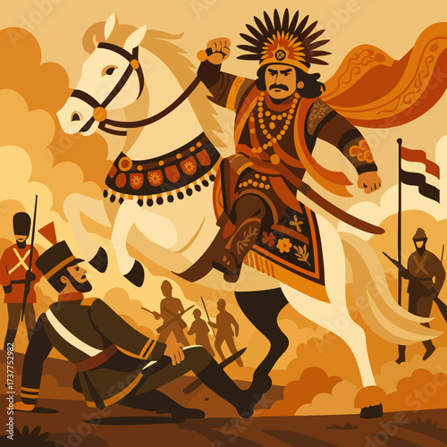 Warrior King on Horseback Leading Battle – Historical Vector Illustration