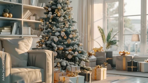 Cozy living room decorated with Christmas tree, gifts, and festive ornaments creating holiday atmosphere.