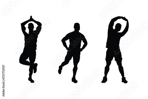 Young man doing morning exercises on white background, collage design, silhouette vector illustration.