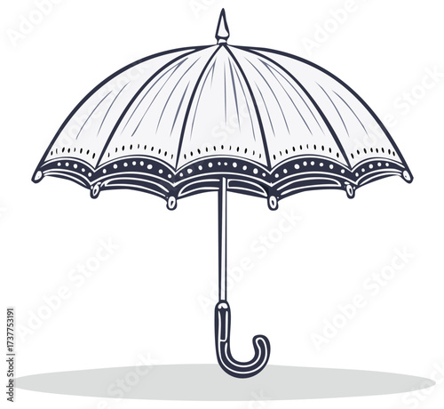 Vintage open umbrella with decorative trim and curved handle illustrated in a sketch style