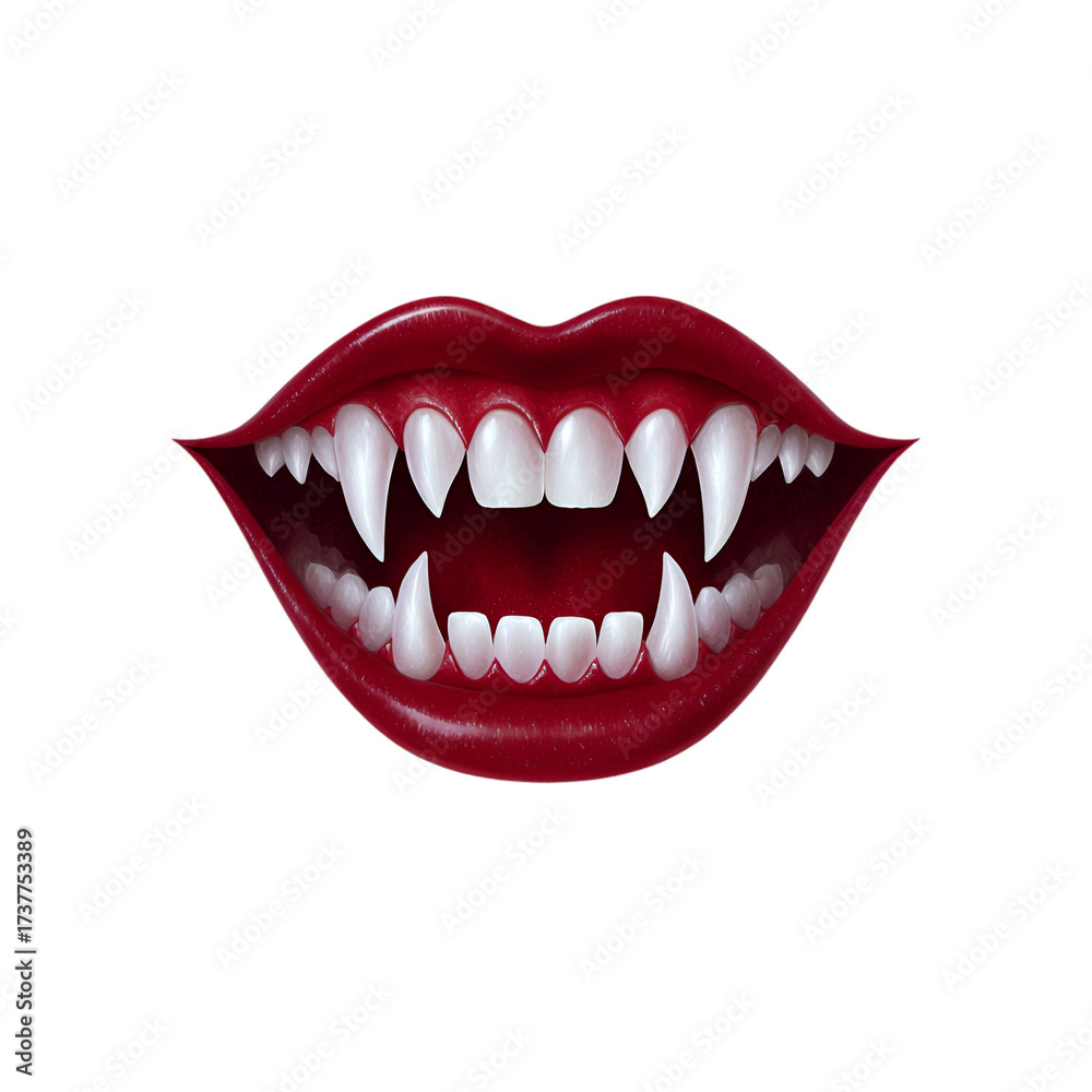 Naklejka premium Vampire's Kiss: A close-up illustration of a vampire's alluring mouth, baring sharp fangs. A symbol of timeless lore and mystery.