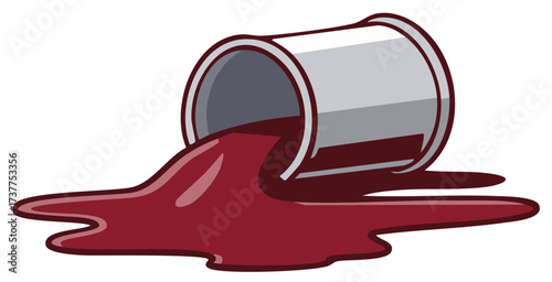 Spilled Paint Can Vector Illustration maroon red color paint container falling isolated, paint spills