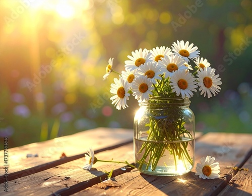 Bouquet of daisies in a jar bathed in sunlight