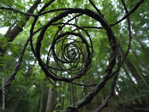 Twisting vines spiral upward through a lush green forest, creating a mystical and enchanting natural scene.