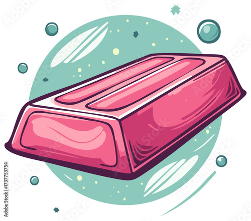 Artistic representation of a bright pink soap bar with bubbles and circular abstract background