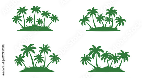 Four lush green tropical palm trees on isolated islands illustration