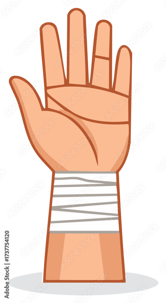 Obraz premium Cartoon illustration of a hand with a bandaged wrist for medical support and injury recovery