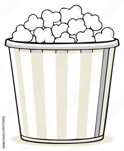 Striped bucket filled with fluffy popcorn ready to enjoy for movie time or snack.