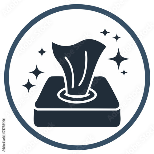 Iconic illustration of cleaning wipes dispenser with stars showing cleanliness and sanitization