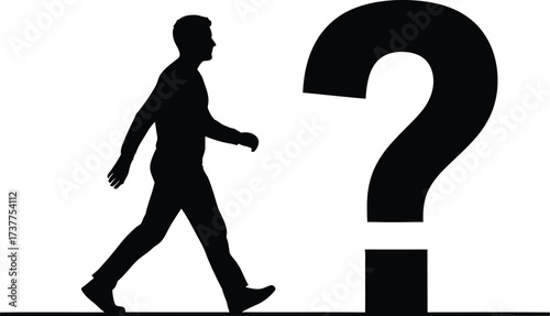 Silhouette of a man walking towards a question mark isolated on white background representing a quest for answers