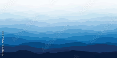 Abstract mountain landscape in varying shades of blue creating depth and mystery